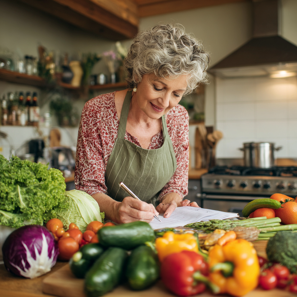 mature adult planning weekly meals with nutritious ingredients