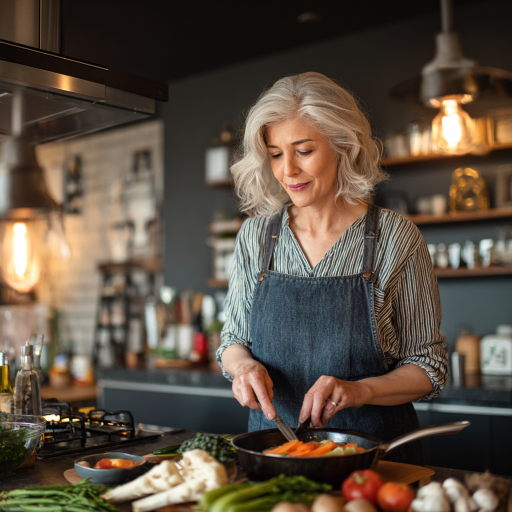 middle-aged woman cooking healthy meal in modern kitchen